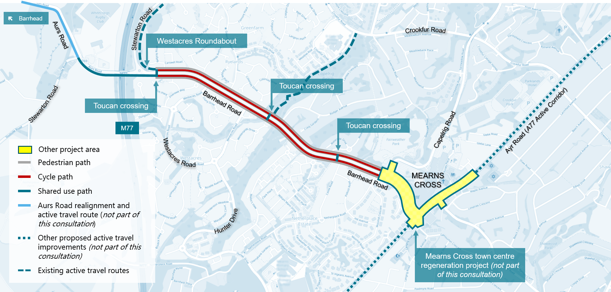 Map showing proposed Barrhead Road active travel route. 