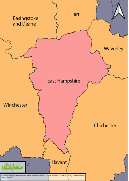 Map of East Hampshire showing neighbouring local authorities of Basingstoke and Deane, Hart, Waverley, Chichester, Havant and Winchester. 