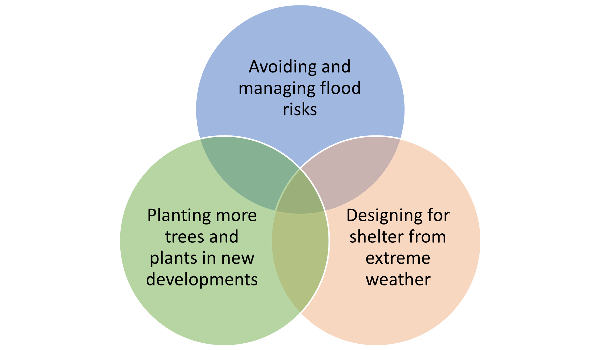 image with three over lapping circles of avoiding and managing flood risks, designing for shelter from extreme weather and planting more trees and plants in new developments. 