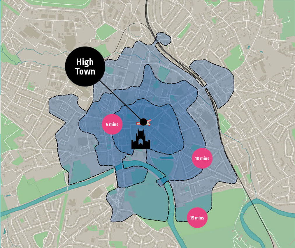 Image shows map of Hereford with 5, 10 and 15 minute walking catchments. Description to follow.