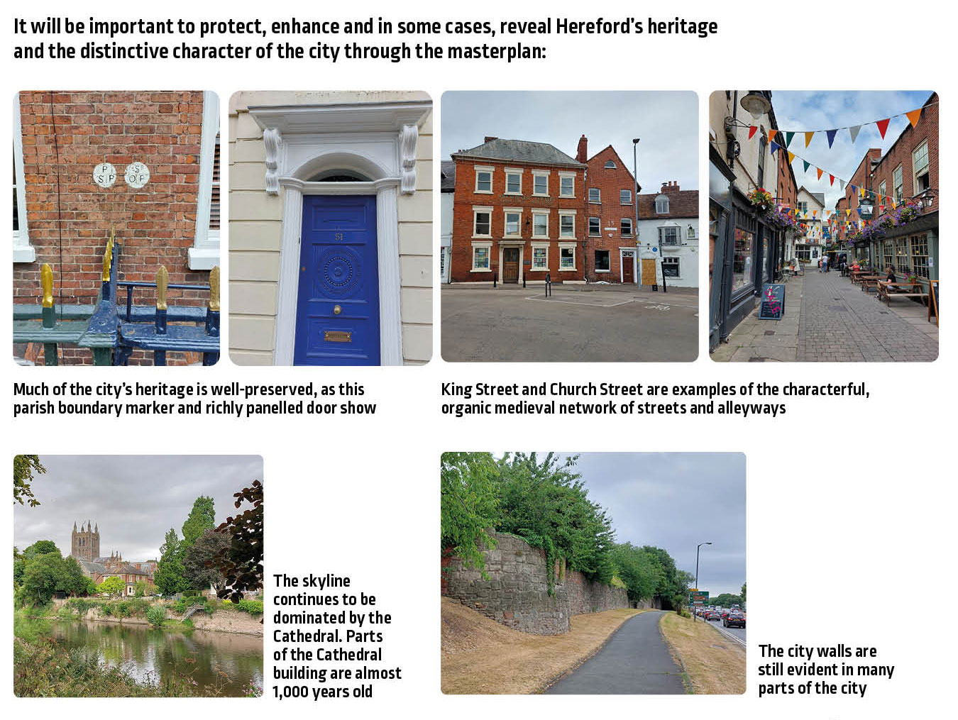 Image shows various heritage sites in Hereford. Description to follow.