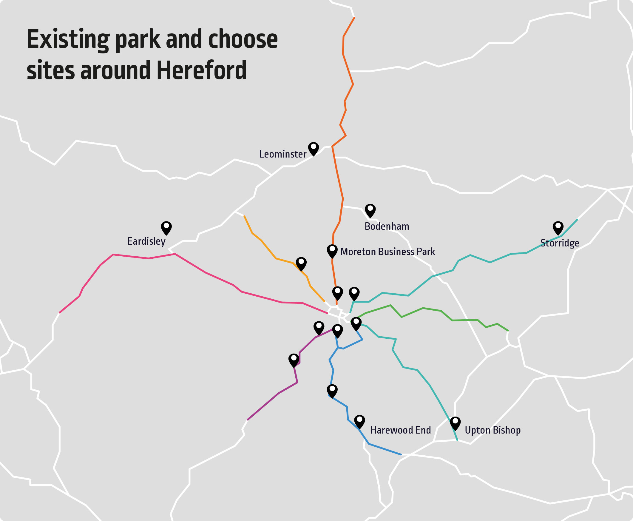 Image shows map of Park and Choose sites around Hereford. Description to follow.