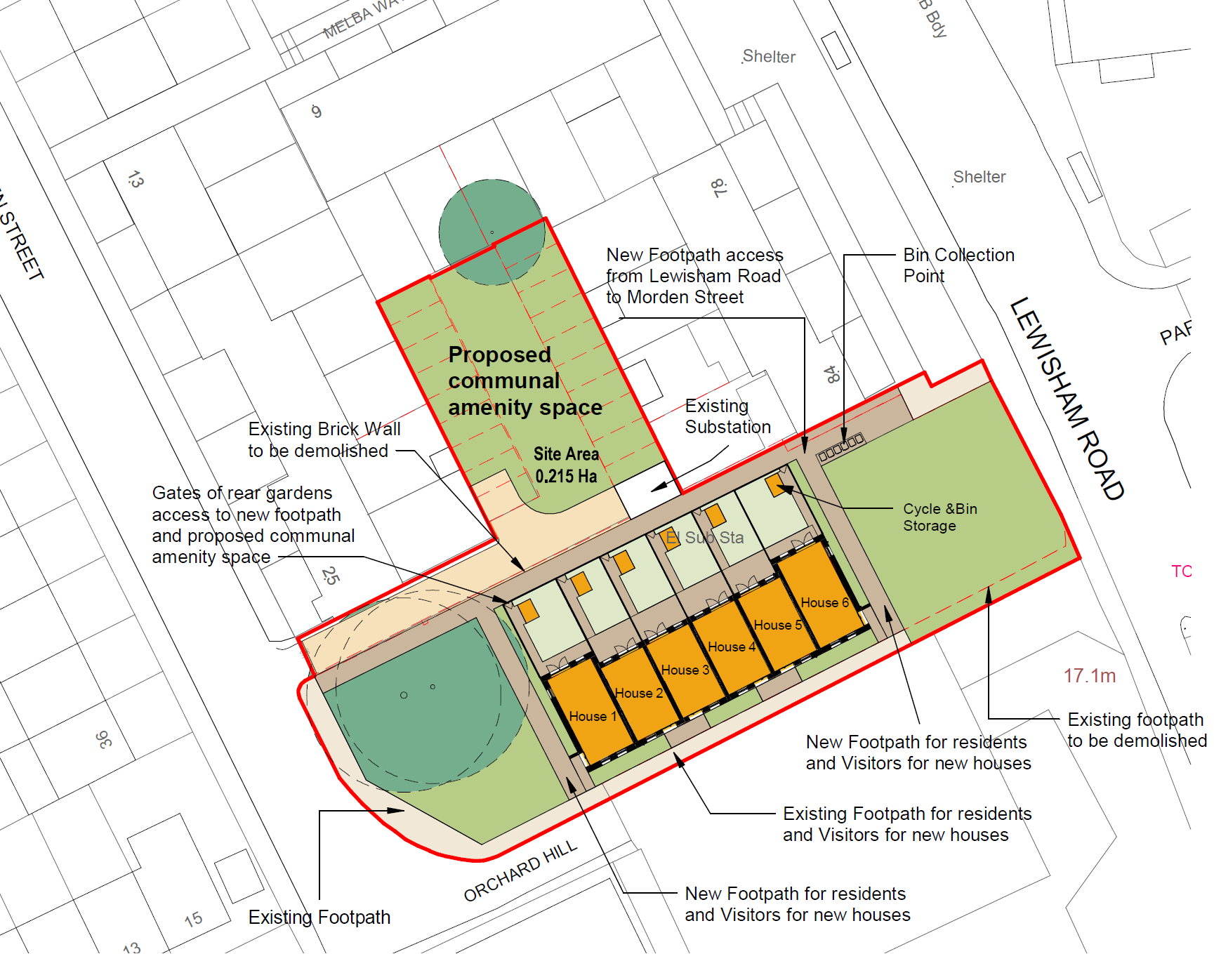  A map of the site showing where the proposed homes would be located. The six homes are located to the south of the current garages, facing south with rear gardens to the north. The current garage site has been turned into a proposed communal area, replacing the green space which the homes would be built on. New footpaths between Lewisham Road and Morden Street are shown.