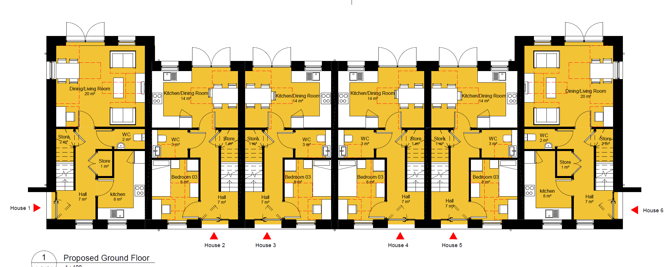 A ground floor plan of the proposed homes. The four homes in the middle are identical, with a kitchen dining room at the back of the house with doors onto the garden, a bedroom and entrance hall at the front, with a toilet and storage space between. The two houses at each end are slightly longer, and feature a dining and living room at the back of the house with doors onto the garden, a kitchen and entrance hall at the front, with a toilet and storage space between.