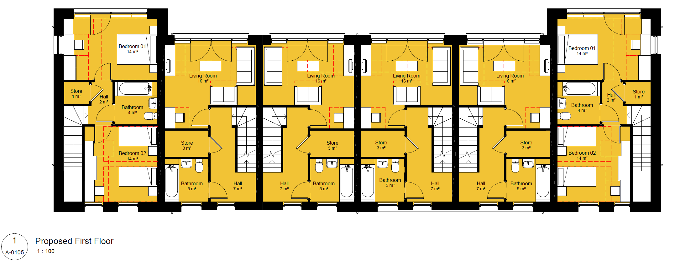 A first floor plan of the proposed homes. The four houses in the centre feature a living room at the back of the house, with storage and a family bathroom at the front. The two houses on teh end feature bedrooms at the front and back with a family bathroom between.