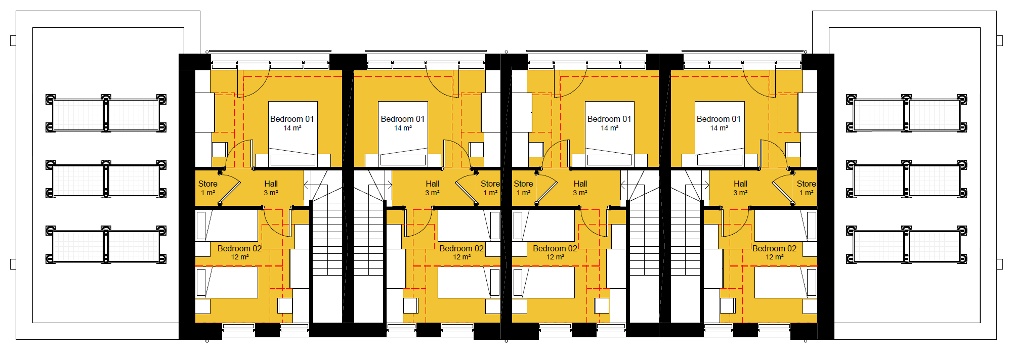  A second floor plan of the proposed homes. Only the middle four houses are have a second storey, comprising two bedrooms and storage.