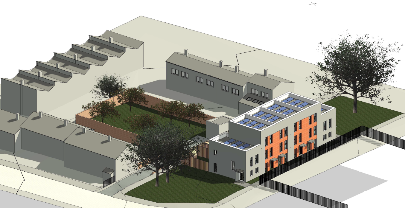 A 3D view of the proposed houses showing them in relation to neighbouring buildings.