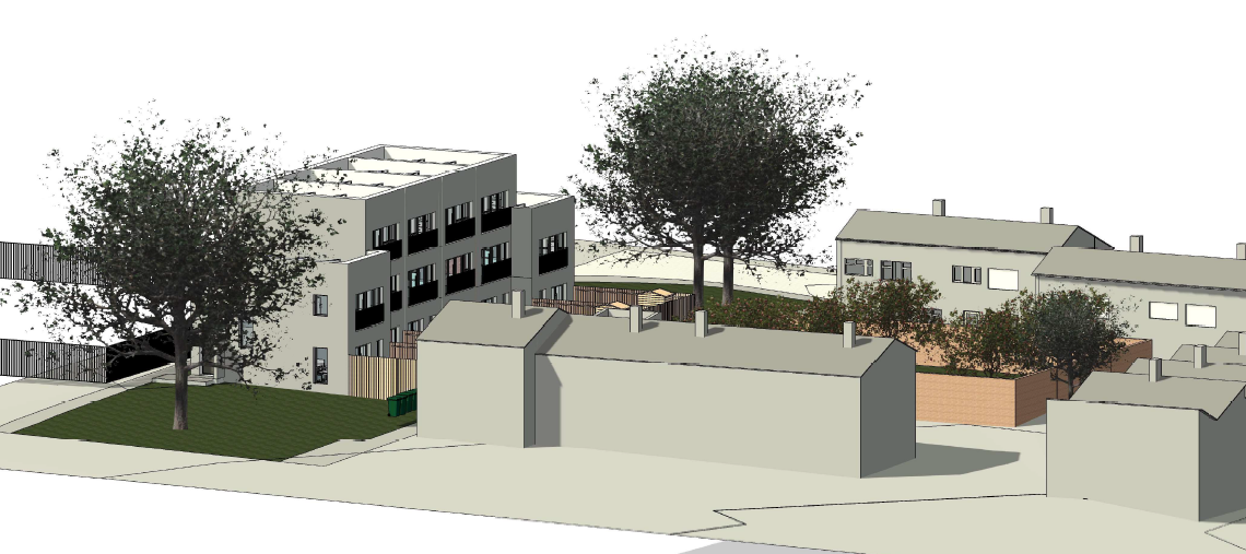 A 3D view of the proposed houses showing them in relation to neighbouring buildings.