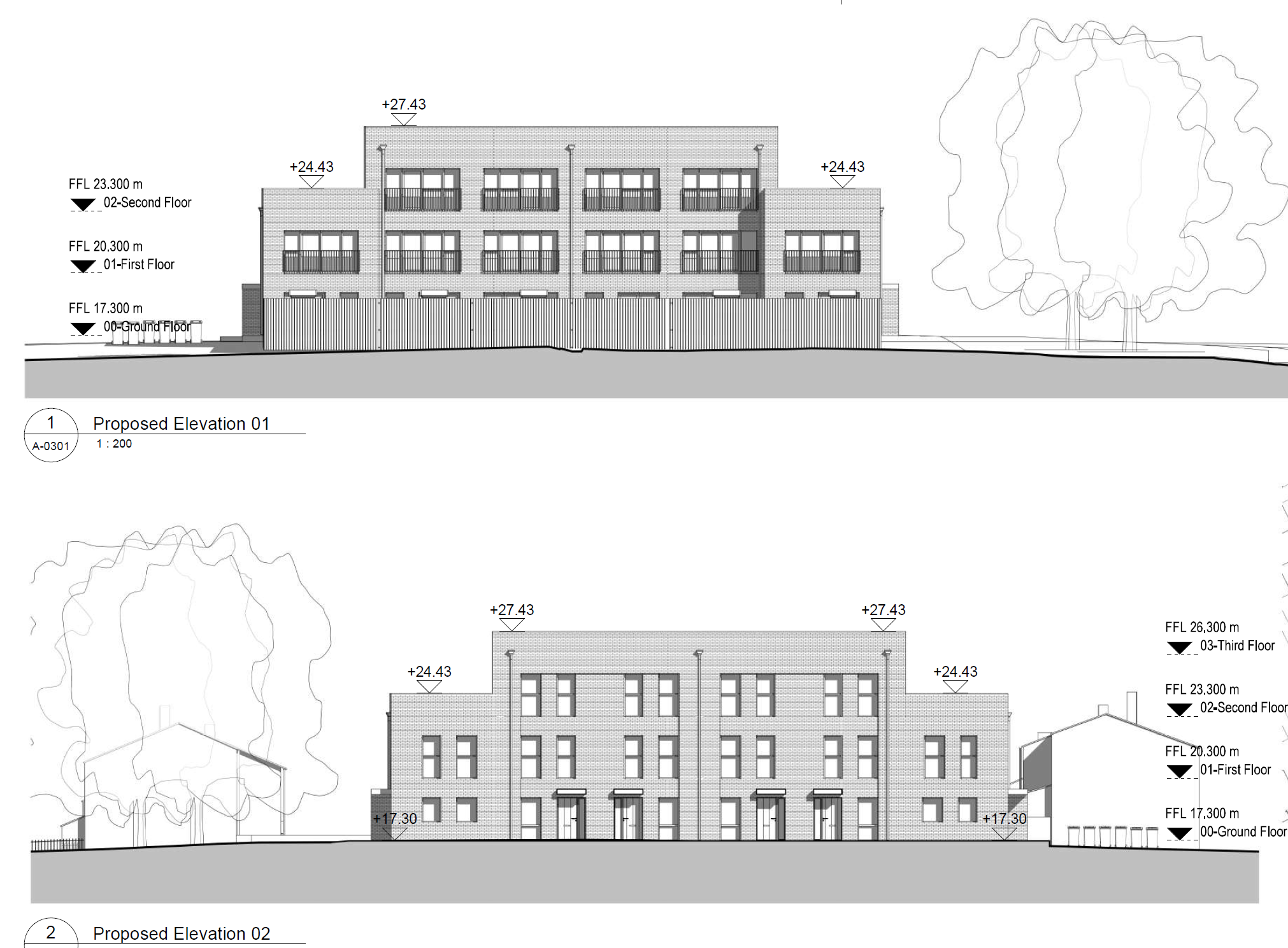 A technical illustration showing the front and rear of the proposed homes. The two houses at each end of the terrace are a storey shorter than the four in the middle, and have two windows on each of their two storeys. The houses in the middle have front foors and a window on the ground floor, with two windows per storey on the first and second floors. The rear of the houses features floor to ceiling windows across the with of each house on each floor, with a juliet balcony railing in front of each.