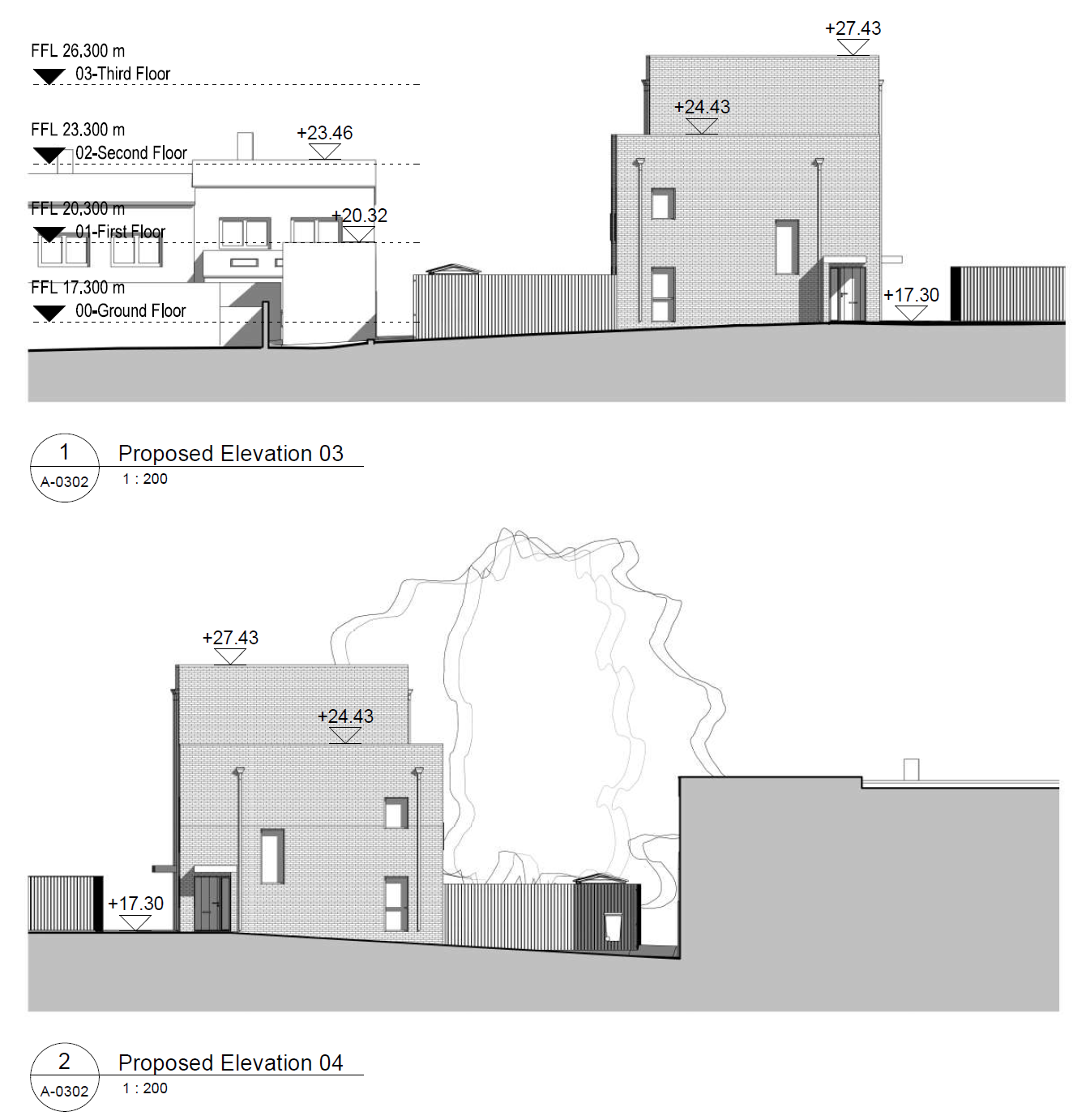 A technical illustration showing the sides of the proposed row of houses, with a door and three windows on each side.