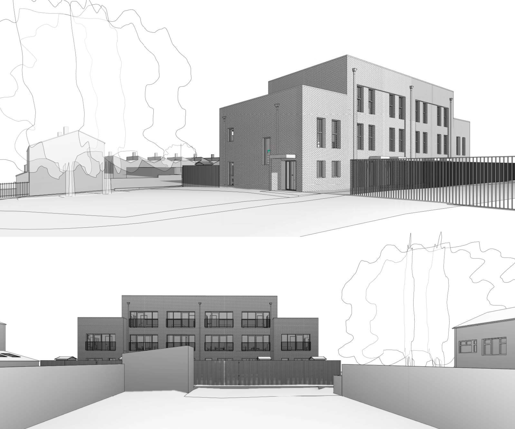 A 3D drawing of the front of the proposed homes, visible is the side entrance to the two storey house on the end of the terrace.