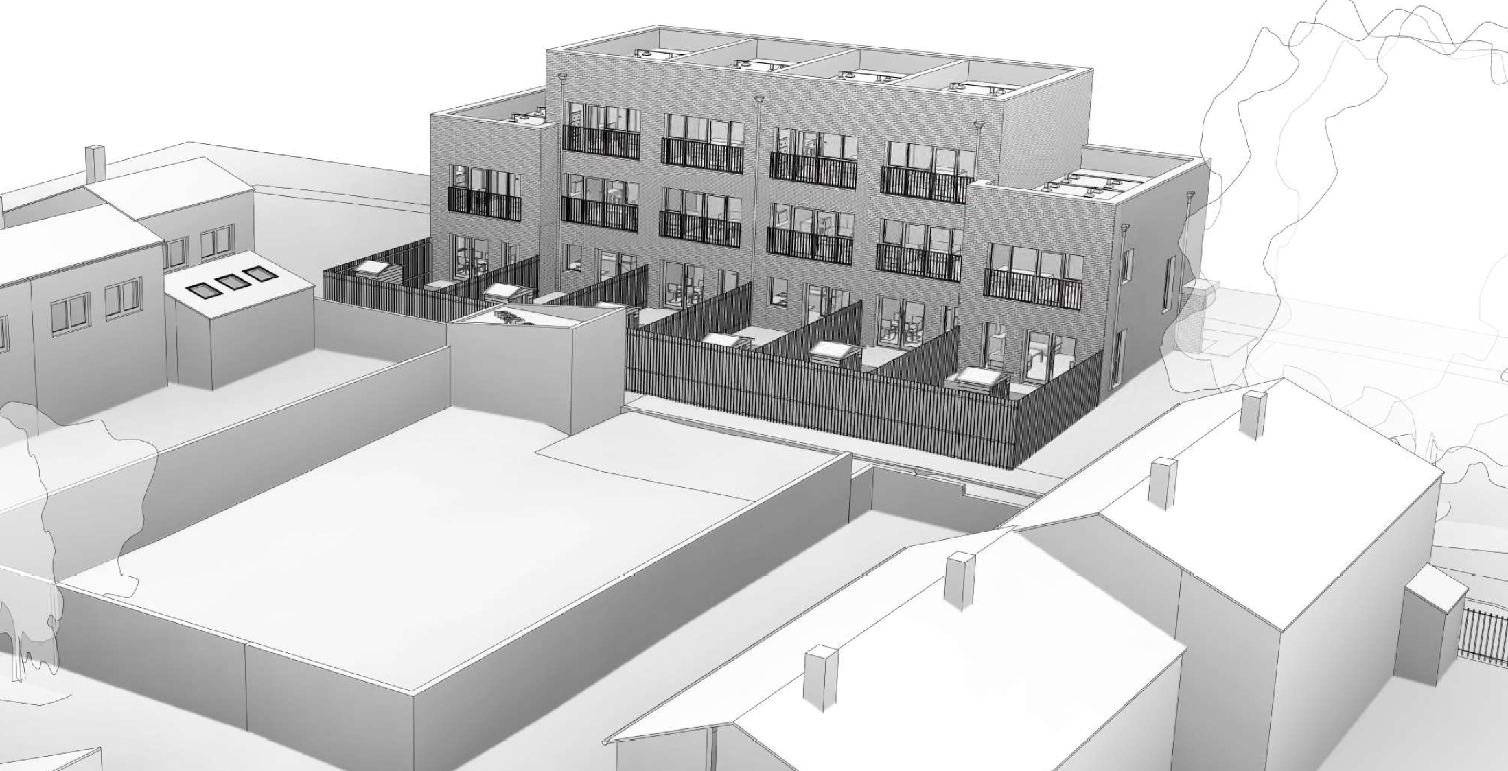 A 3D drawing of the rear of the proposed homes, showing rear gardens with doors opening from the houses, and floor to ceiling windows across the with of each house on the upper floors, with a juliet balcony railing in front of each.