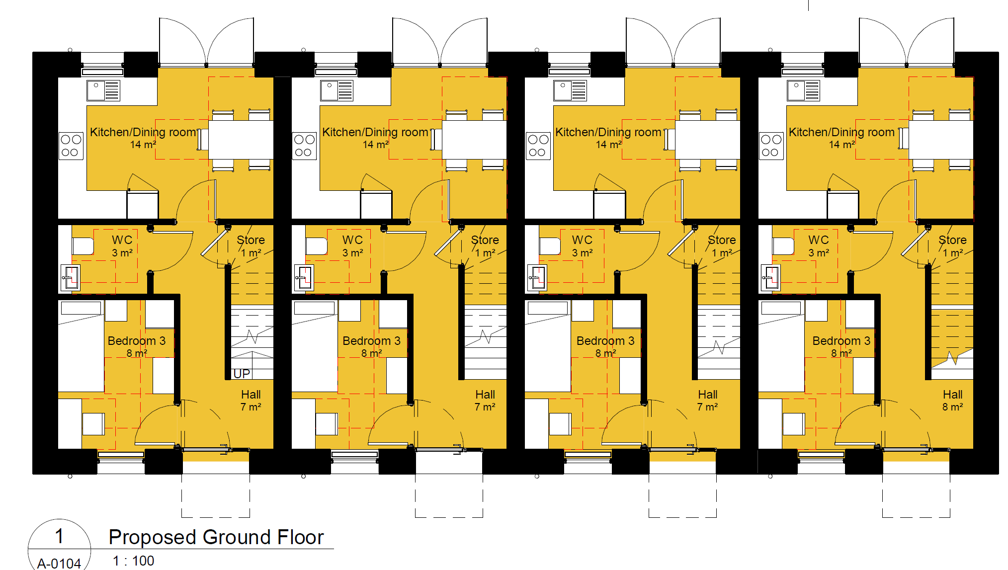 A ground floor plan of the four homes, which are identical, with a kitchen and dining room at the rear, a bedroom and entrance hall at the front with a toilet and storage space in between. 