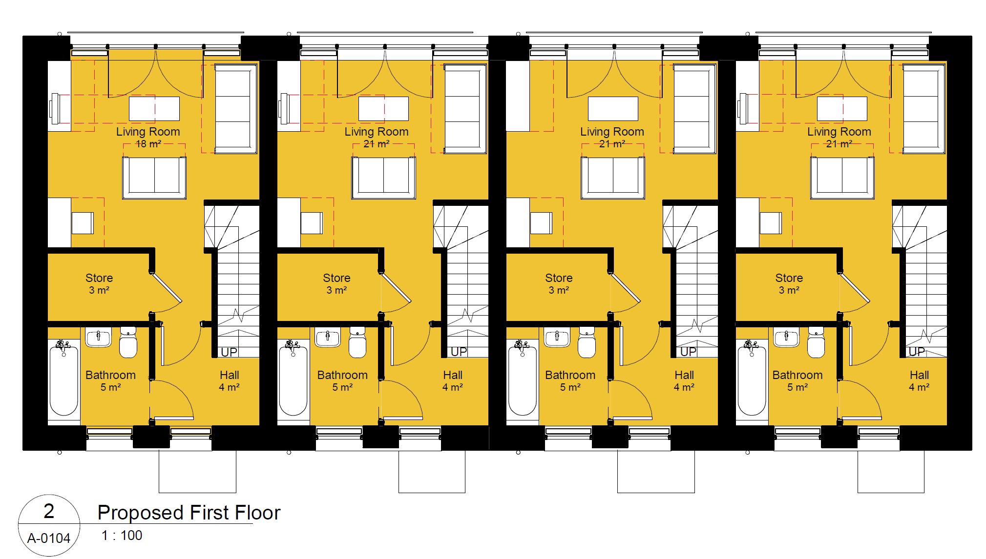 A first floor plan of the four homes, which are identical, with a living room at the rear, a family bathroom at the front with storage in between 