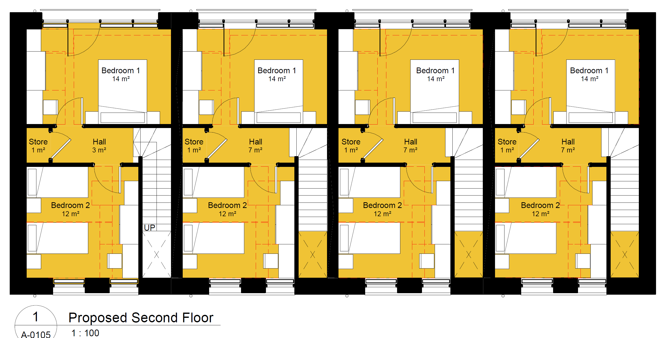 A second floor plan of the four homes, which are identical, with bedrooms at the front and rear and storage between. 