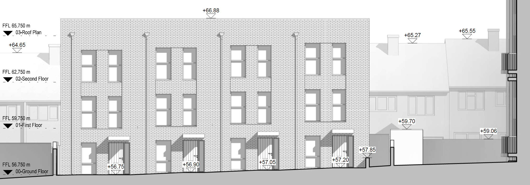 A line illustration of the front of the four houses, which have a squared off design, with two floor to ceiling windows on each of the upper floors, with front doors and a window on the ground floor. 