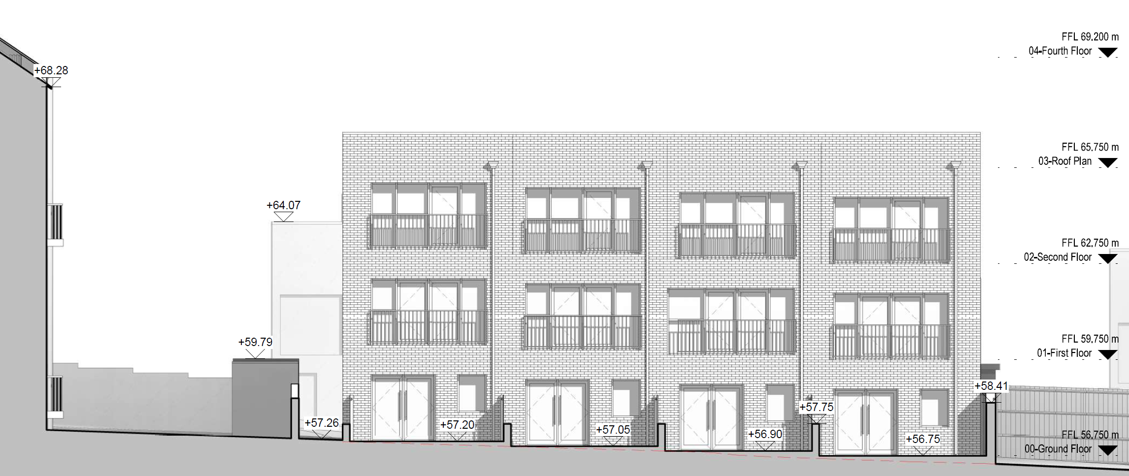 A line illustration of the rear of the four houses, which have floor to ceiling windows and juliet balconies across the width of the house on each of the upper floors, and double glass doors and a window on the ground floor.