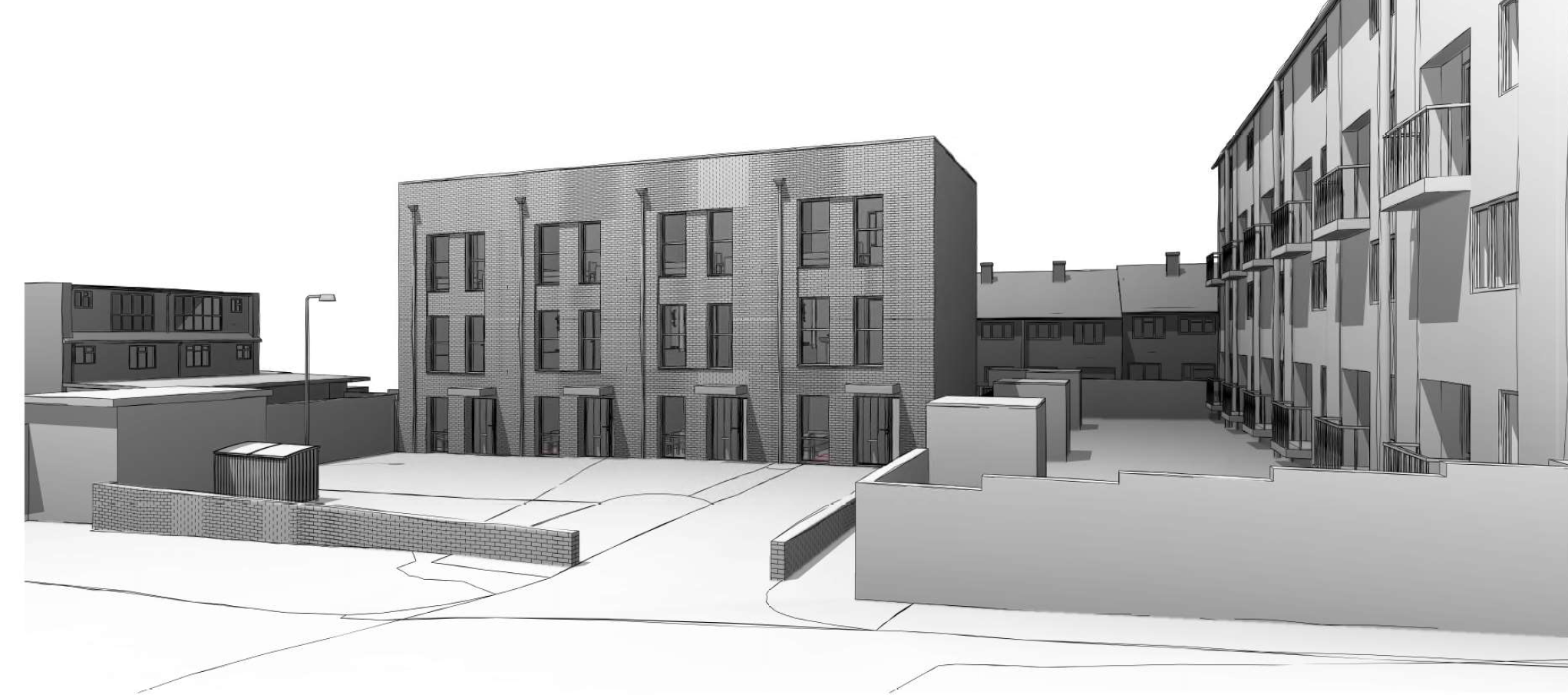A black and white 3D illustration of the proposed houses, showing the height which is between the existing block of flats on the right and the two storey houses behind. 
