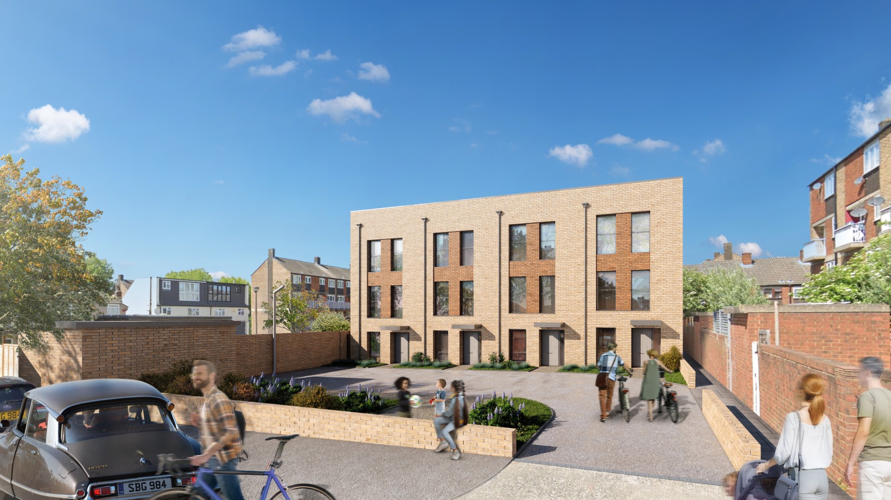 A computer generated image of the proposed homes, four three-storey terraced houses with a modern design in light brick. The houses have floor to ceiling windows on the upper floors, with front doors and a window on the ground floor. To the front is a driveway and parking spaces. 