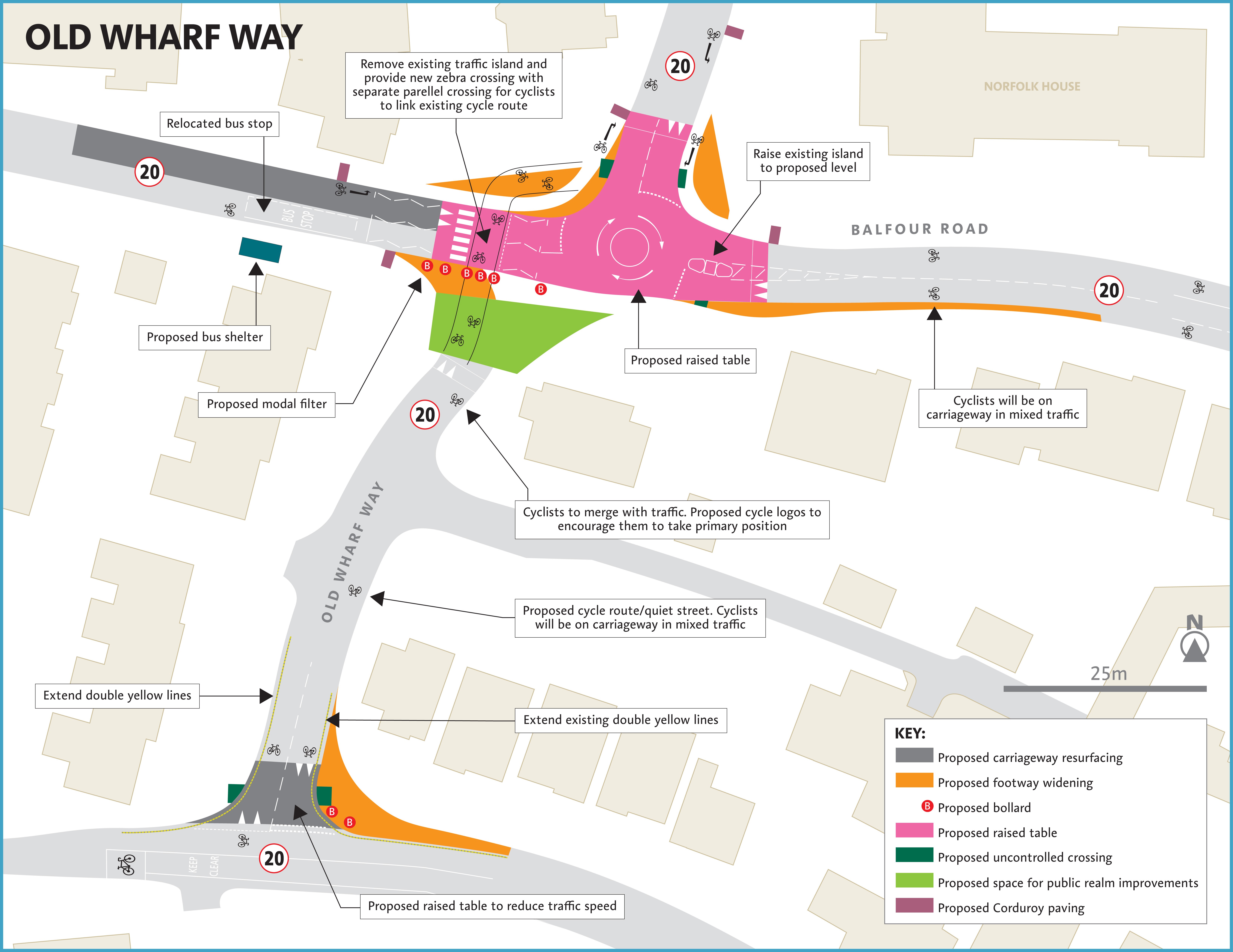 Map of Old Wharf Way showing proposed changes, including introduction of a new raised table at the junction, renewal of tactile paving, footway widening and cycle markings at the Bridge Road and Old Wharf Way junction and at Portmore Park Road, Balfour Road and Old Wharf Way the map shows changes including replacement of the roundabout with a raised table, footway widening, addition of a new controlled crossing, addition of a parallel foot and cycle zebra crossing and new cycle markings. 