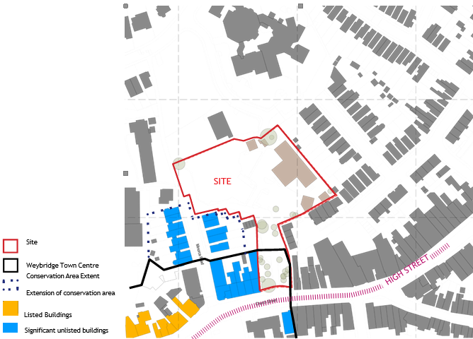 0.85 hectare site located adjacent to, and partially in, Weybridge Town Centre Conservation Area. Listed buildings also demarcated.