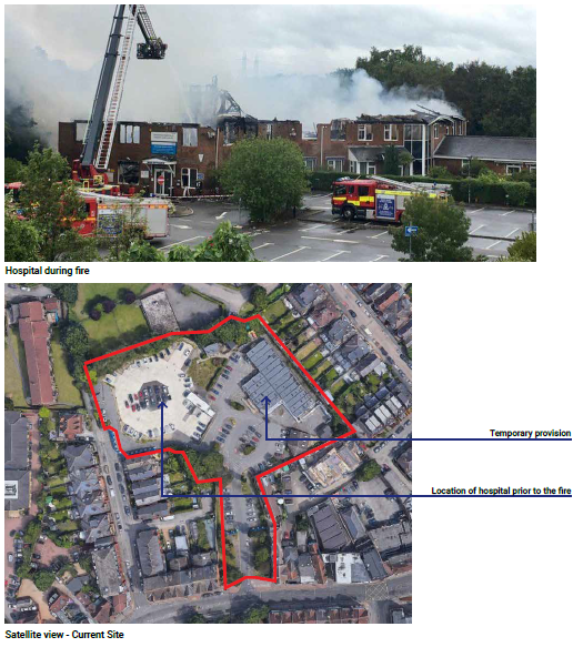 Community hospital during fire and aerial view of site and temporary accommodation following the fire