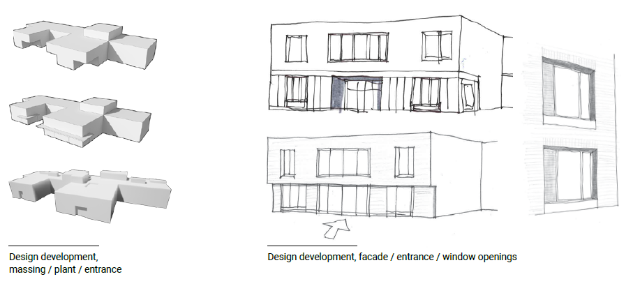 BLack and white rendered and sketch view of two storey building massing, plant and entrance