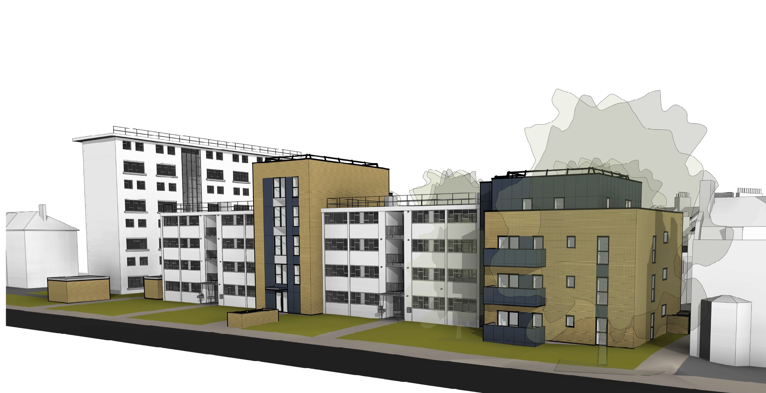 A computer generated drawing showing the new blocks as would be seen from Greenwich High Road, to the right of and between the two existing block of flats. The building to the right is four storeys and wider than the building between the existing blocks, which is narrower but taller at five storeys.