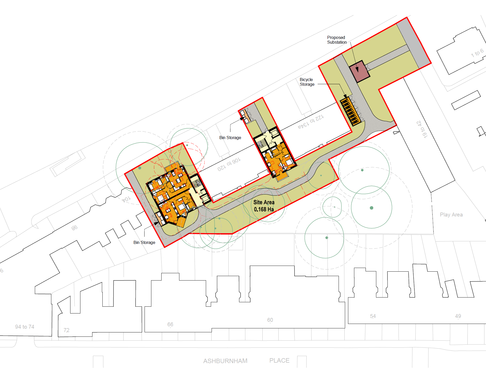  A line map showing the layout of the two new blocks, as well as the new location of the electricity substation on land to the east, where cycle storage is also proposed.