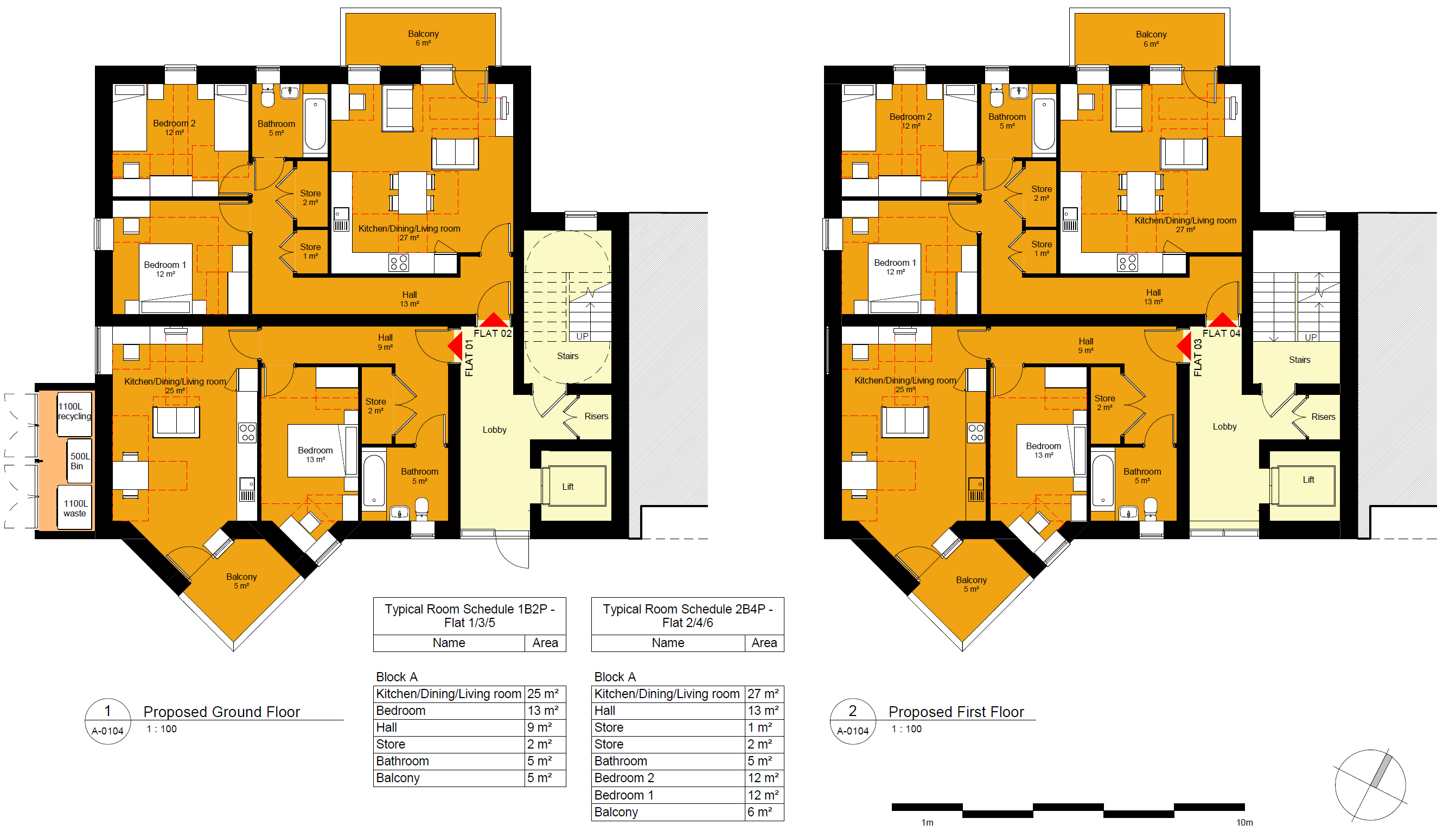 Ground and first floor floorplans for Block A, with one one-bed and one two-bed flat per floor, each with a balcony.