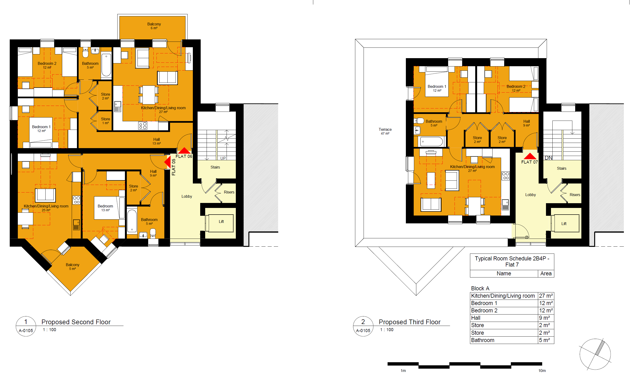 Second and third floor plans for Block A, with one one-bed and one two-bed flat on the second floor, and a single two-bed flat on the third.