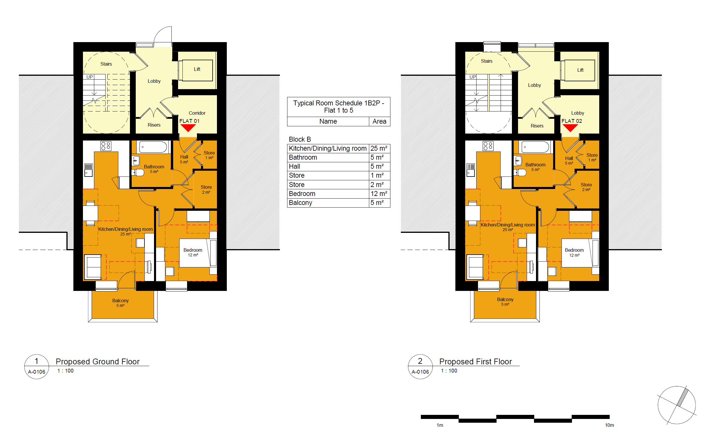 Ground and first floor floorplans for Block B. Each floor has a one bed flat with a balcony.