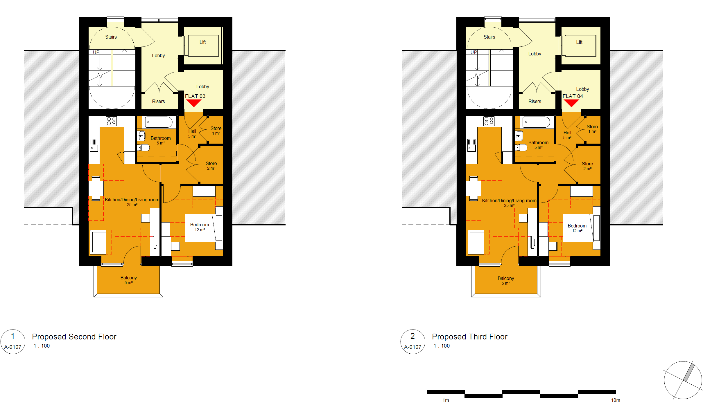 Second and third floor plans for Block B. Each floor has a one bed flat with a balcony.