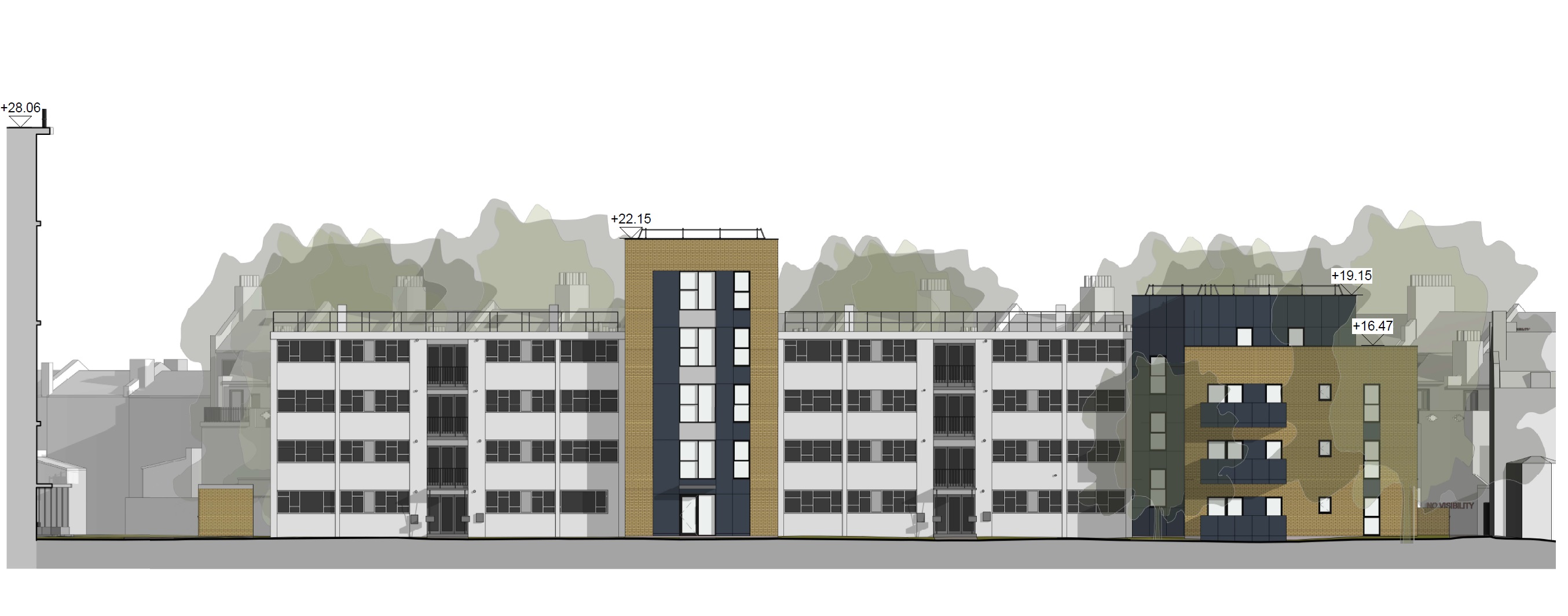 A drawing showing the front on view of the new blocks, which are to the right and between the existing apartment block buildings.