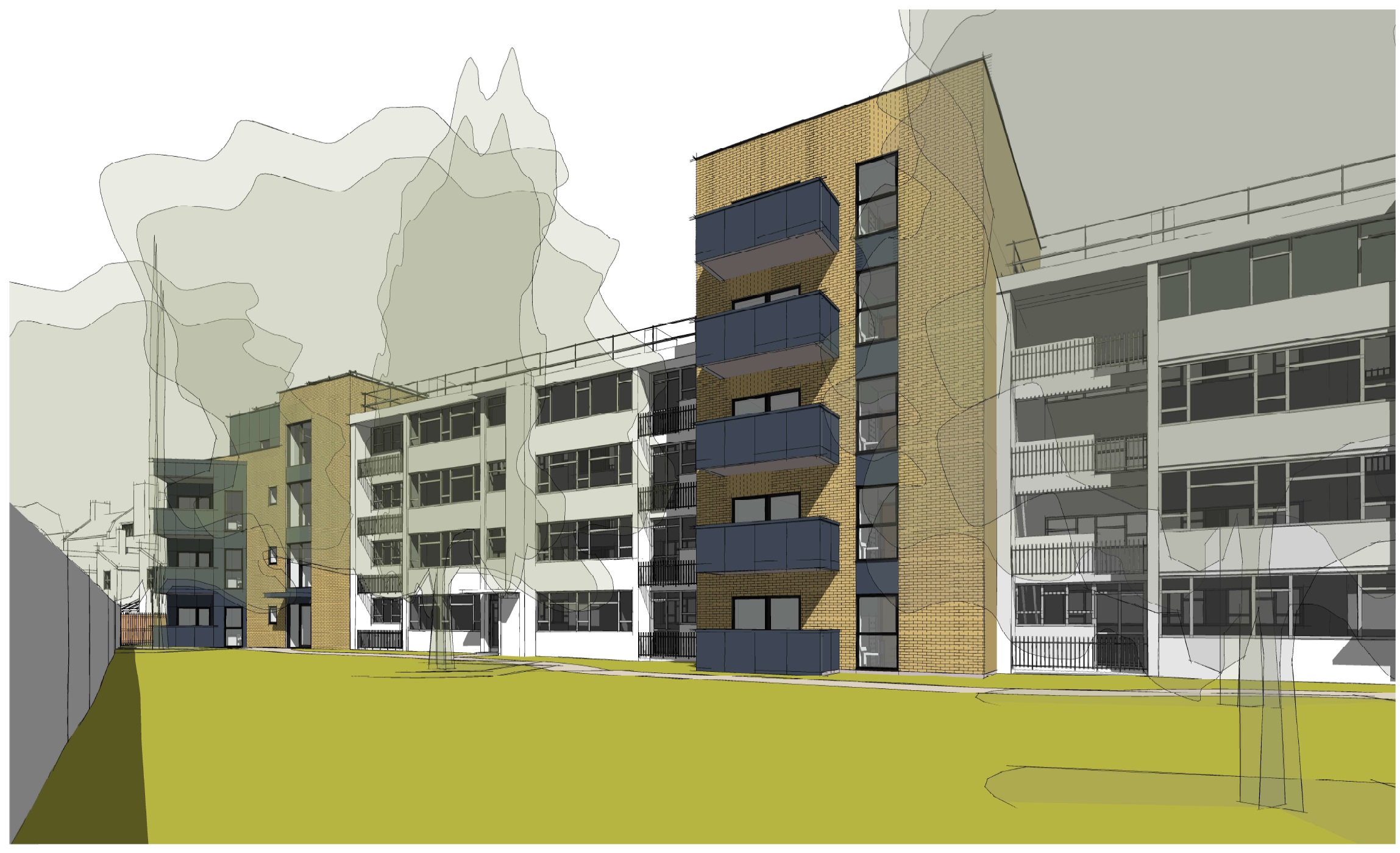 A computer-generated view from the rear of the proposed new blocks, showing the rear balconies.