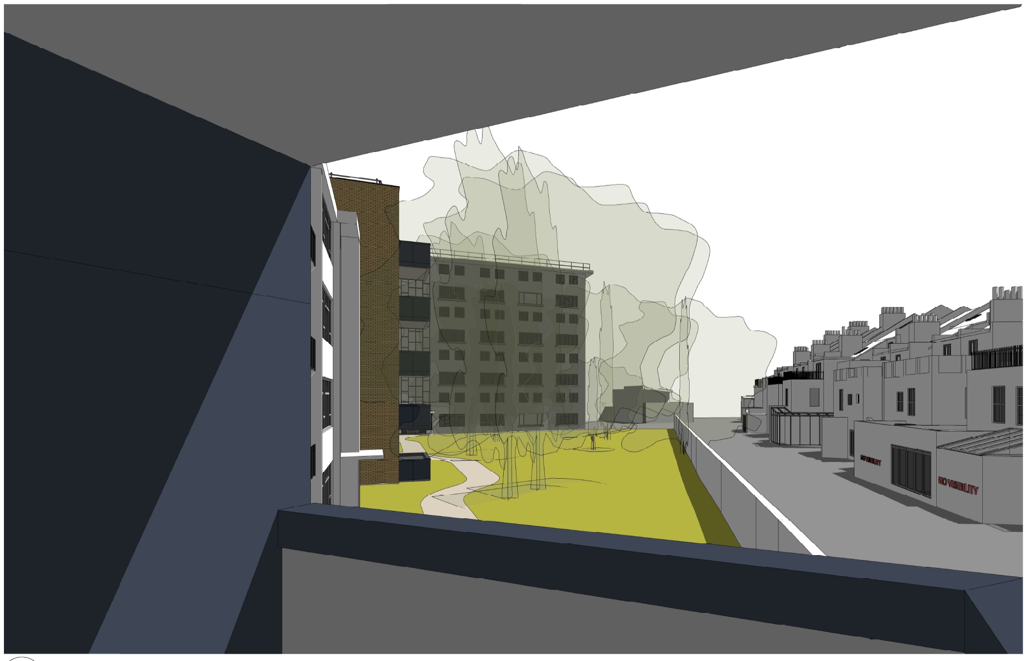 A computer-generated view from the Block A balconies, showing how the angle avoids directly overlooking neighbouring homes and gardens.