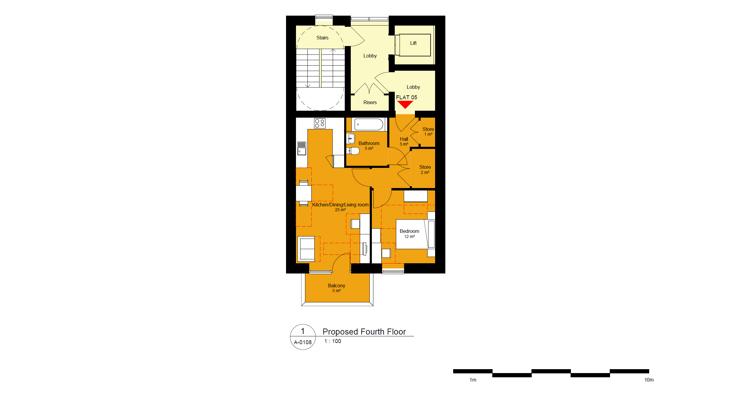 Fourth floor plan, showing a single one-bed flat.