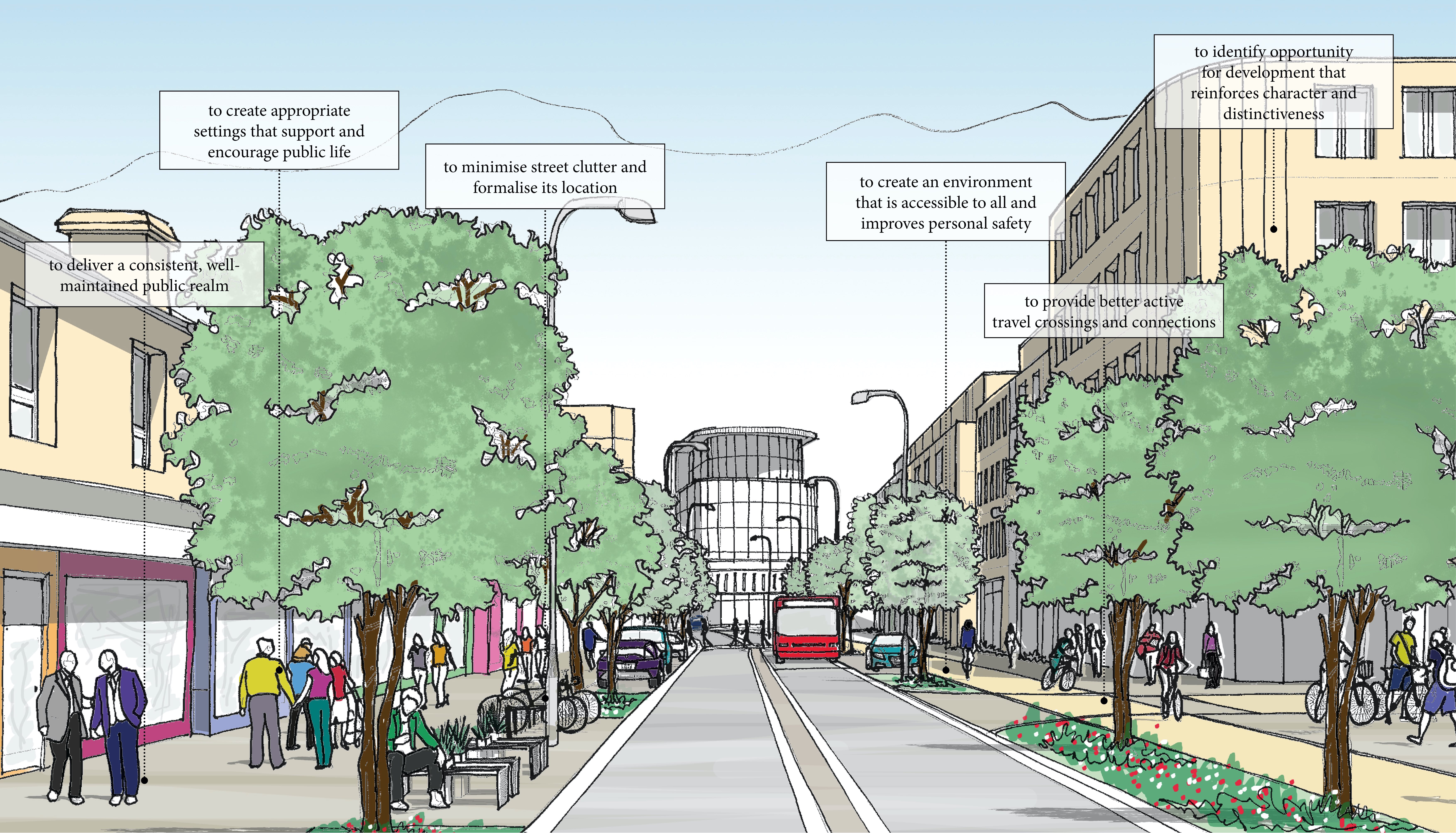 Indicative sketch of the roadway along the A23 to Redhill. The sketch shows a reduced roadway, widened pavements, redevelopment of the Ford car dealership with a 4-5 storey building with active frontages along the ground floor and residential units above, and tree planting alongside the footways.