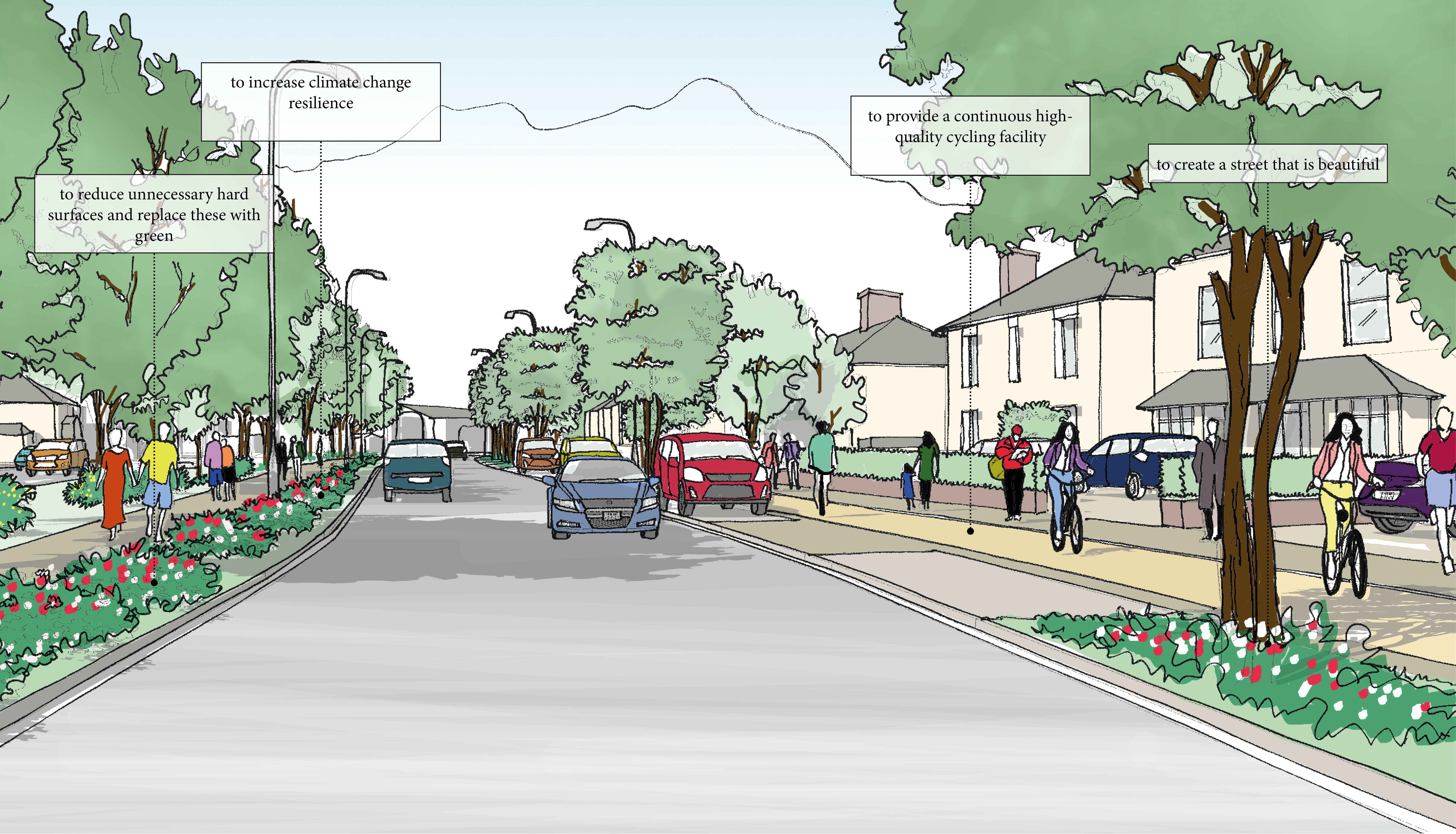 Indicative sketch of the roadway along the A23 in south Horley. The sketch shows a reduced roadway, widened pavements, tree planting alongside the footways.