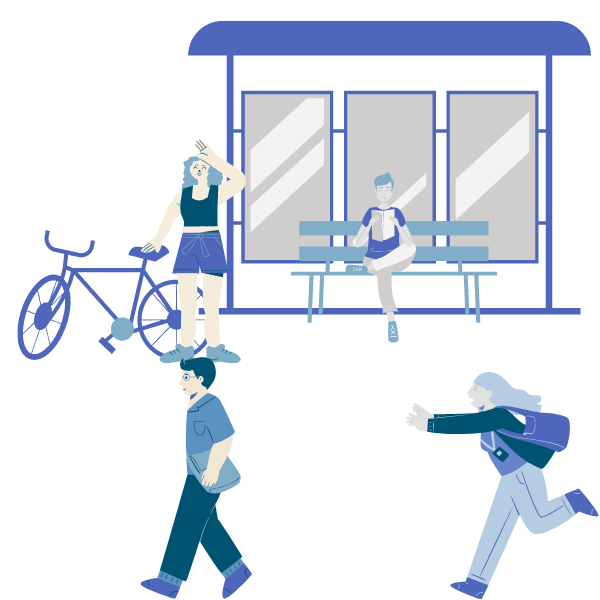 drawing of people near a bus stop