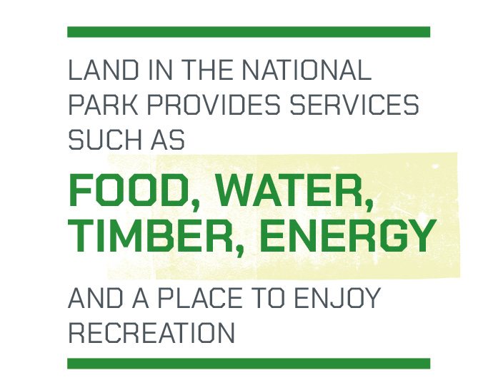 o	Land in the National Park provides services such as food, water, timber, energy and a place to enjoy recreation