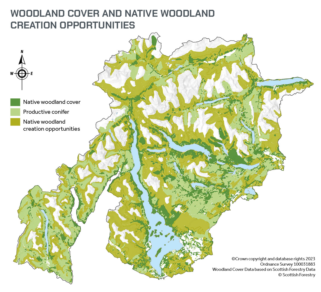 Map showing Woodland cover and Native woodland creation opportunities