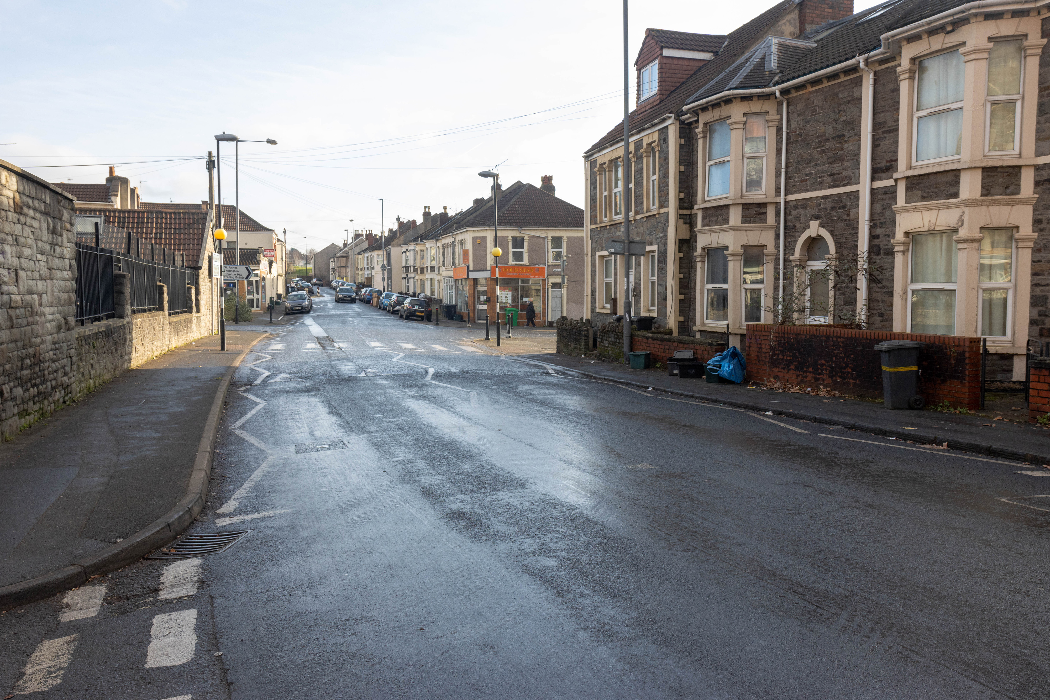 Empty street with zebra crossing and zig-zags.