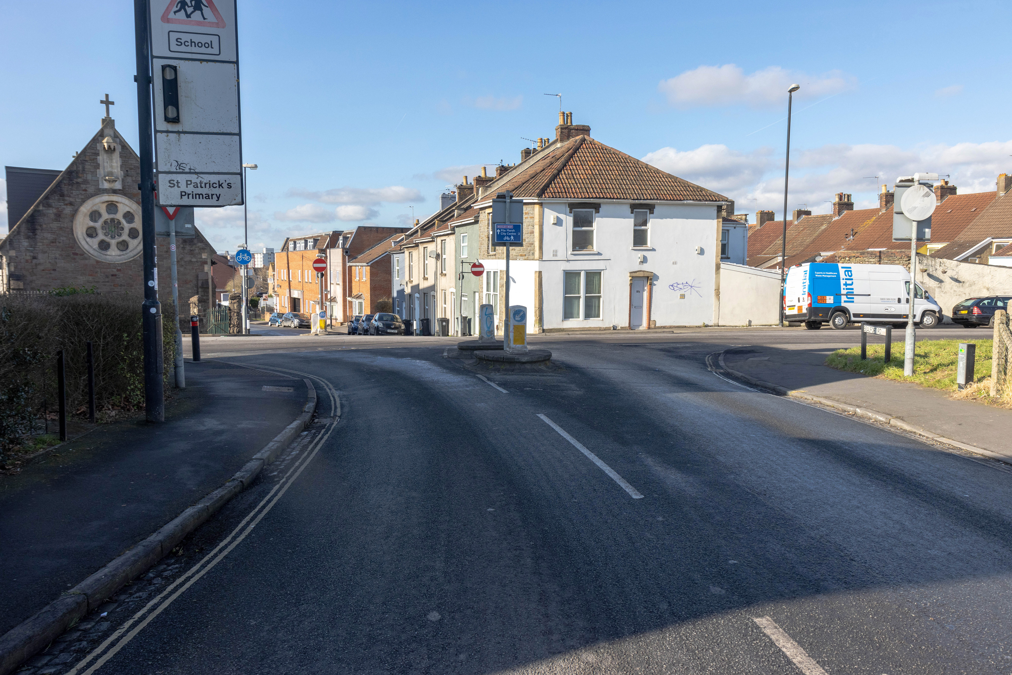 Junction of Blackswarth Road and Beaufort Road. Pedestrian refuge island to help people cross Beaufort Road.