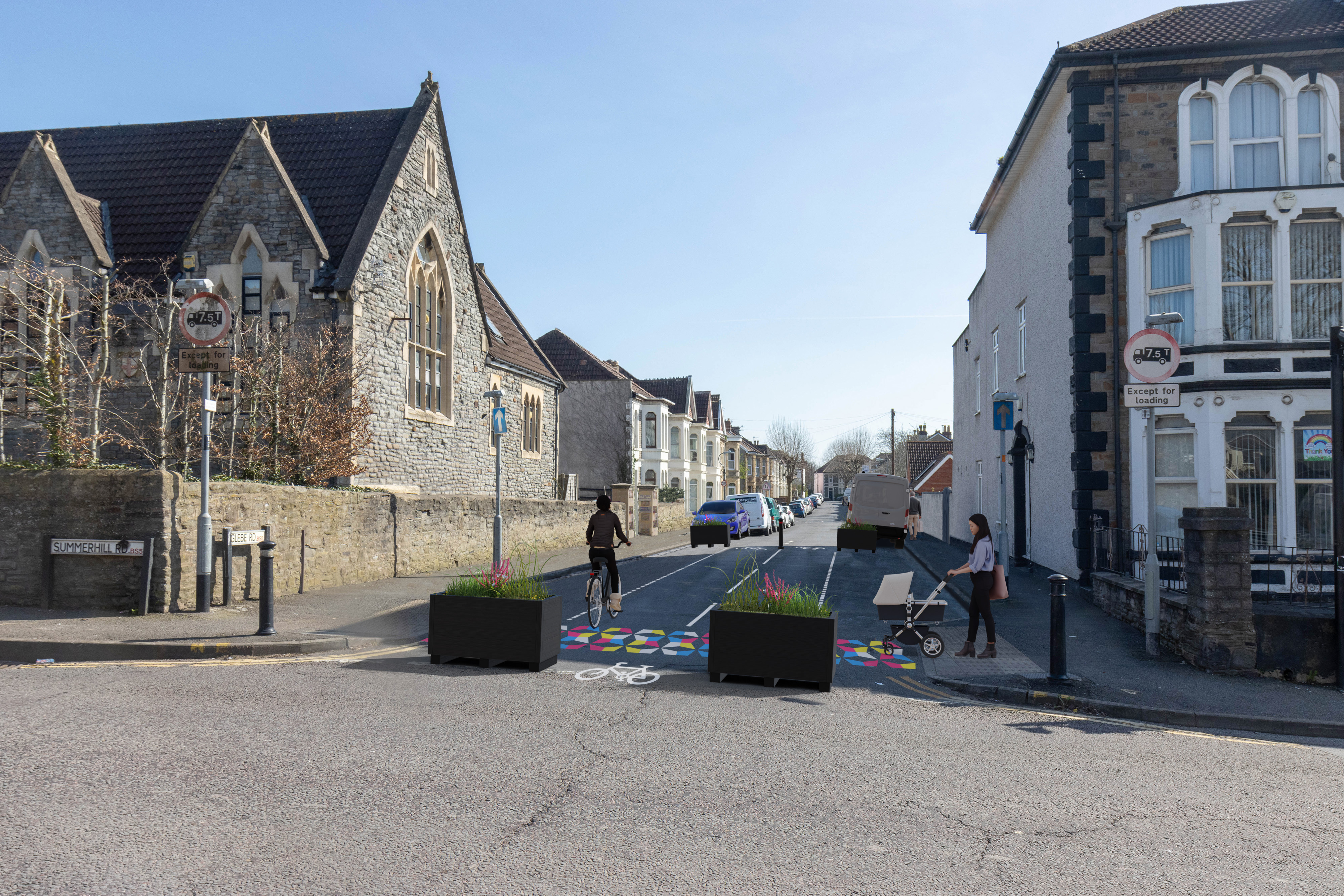 Planters and bollards to stop vehicles passing through the pedestrian space. Cycle symbols to show where cycles will pass. Pedestrian crossing highlight with colourful surfacing. 