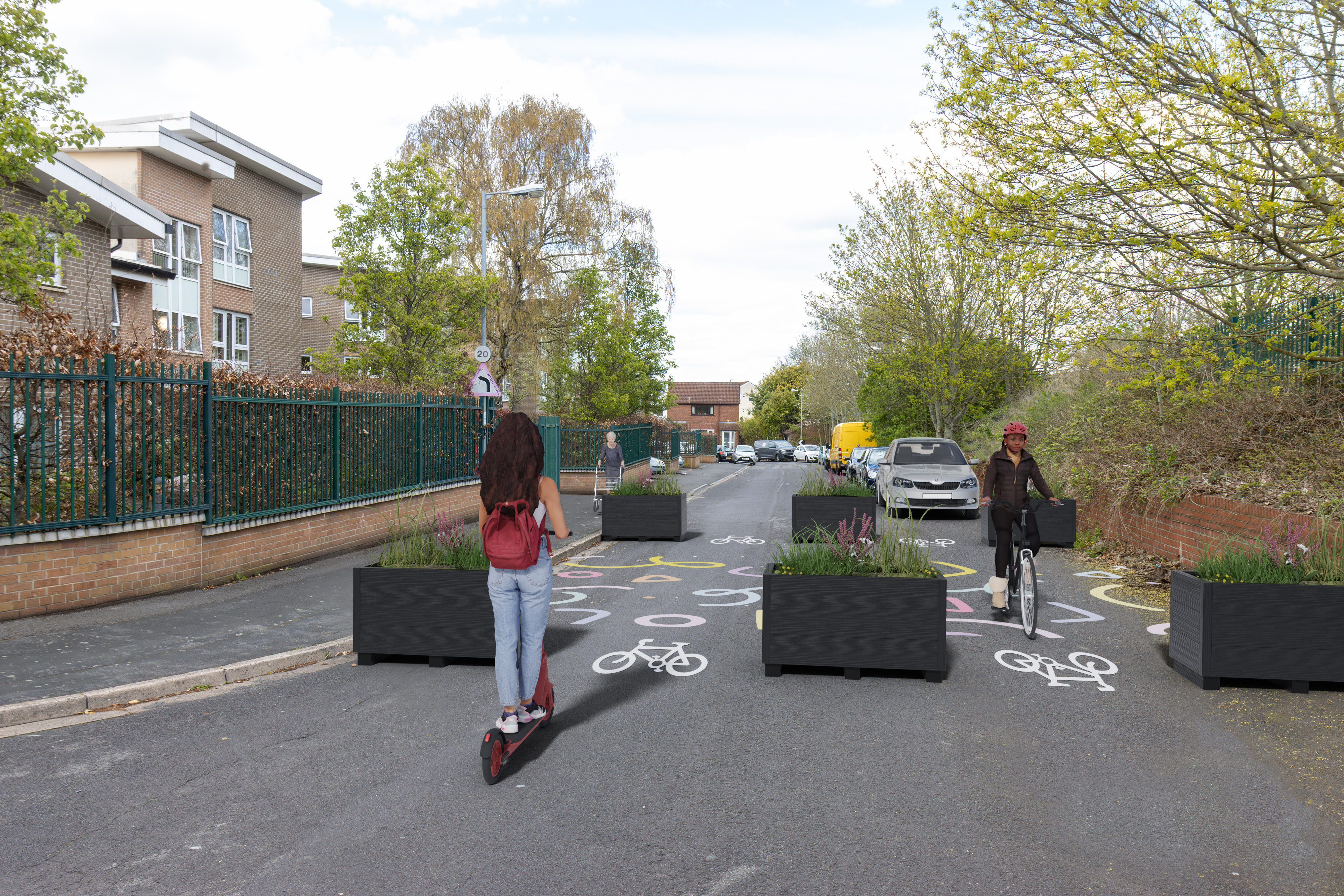 Planters and bollards to stop vehicles passing through the pedestrian space. Cycle symbols to show where cycles access. Disabled bay retained. 