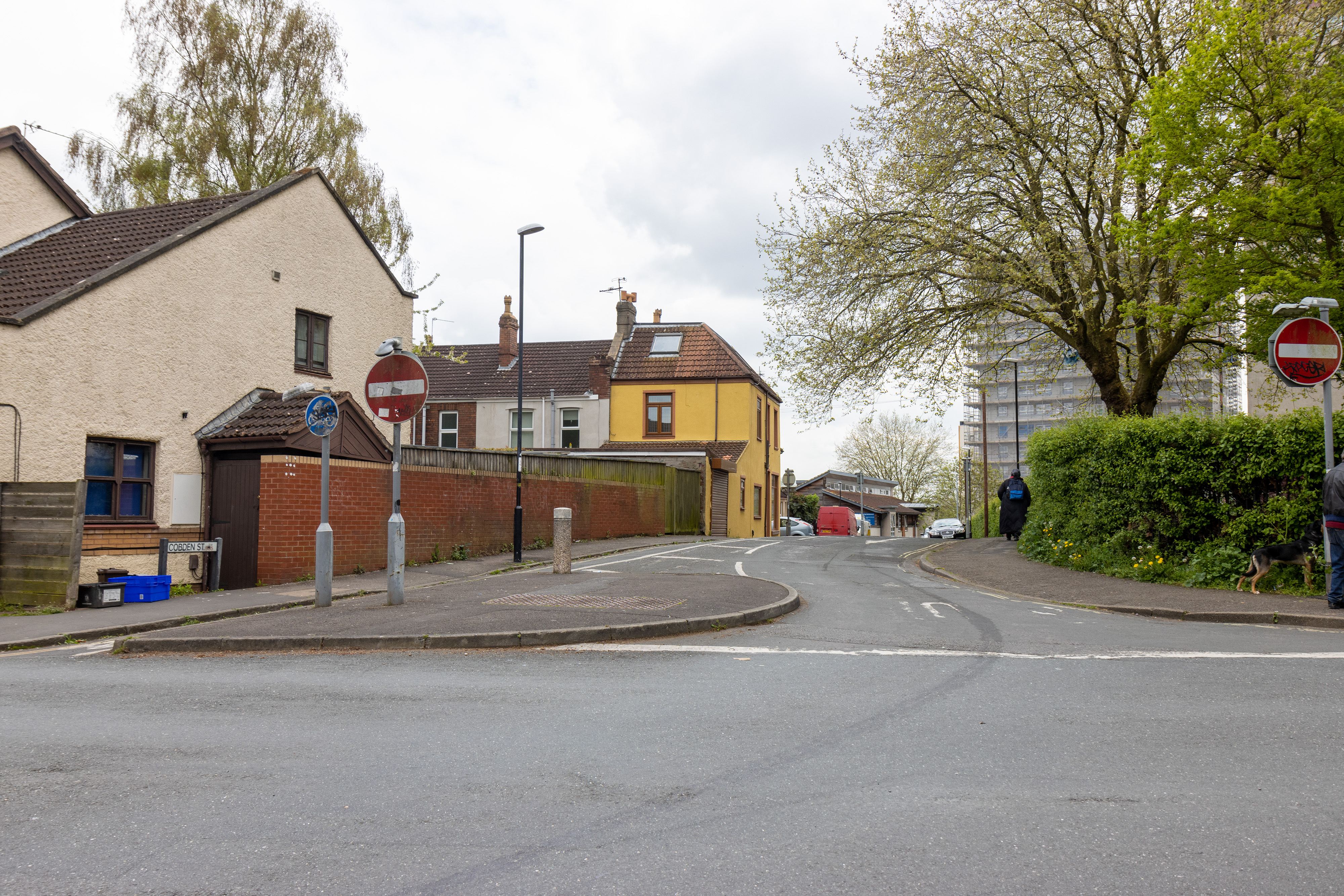 Empty street with double yellow lines and contra-flow cycle lane. 