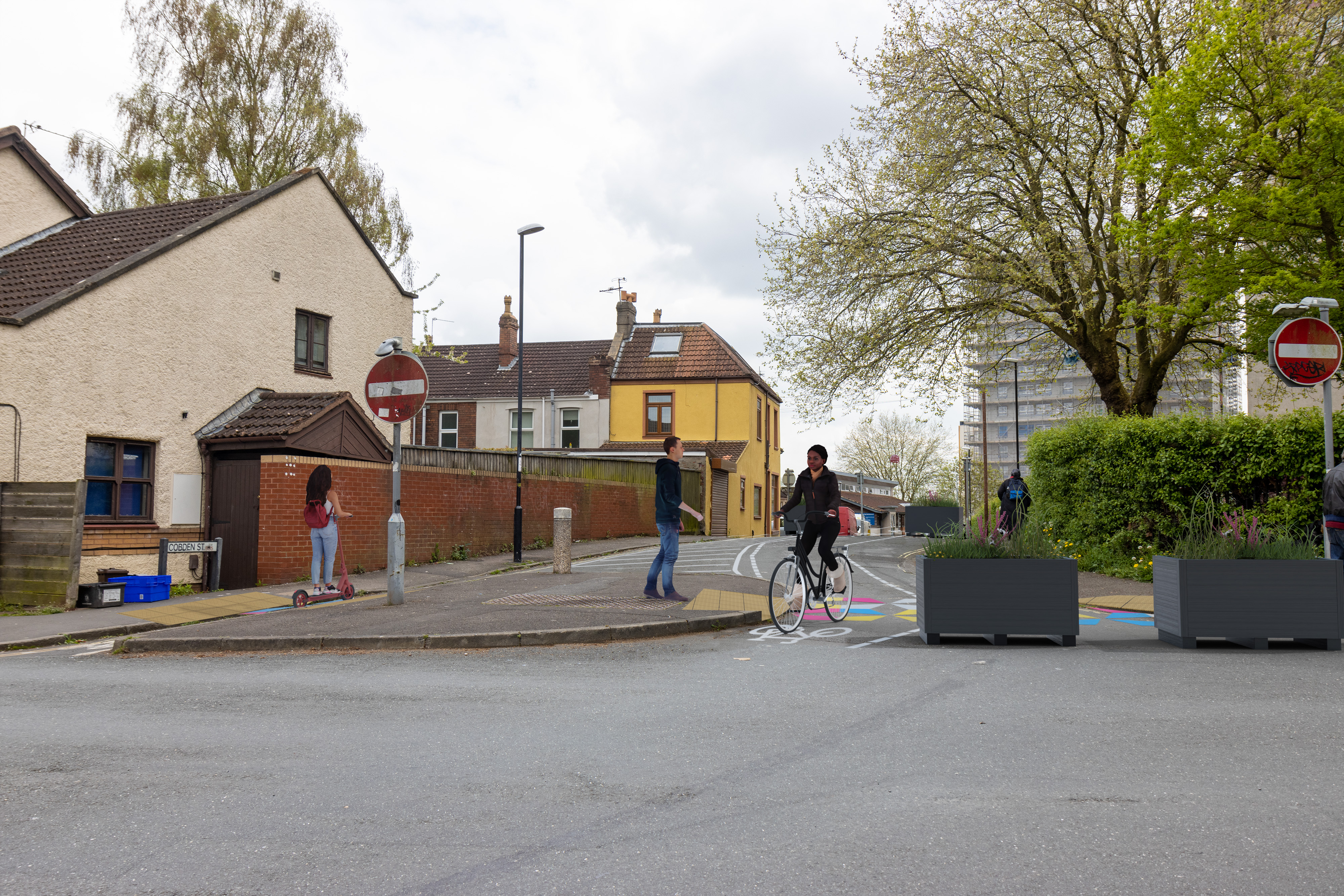 planters used to stop vehicles from entering the pedestrian area. Cycle symbols to show where cycles will access. Pedestrian crossing point at the junction of Cobden Street/Victoria Avenue. 