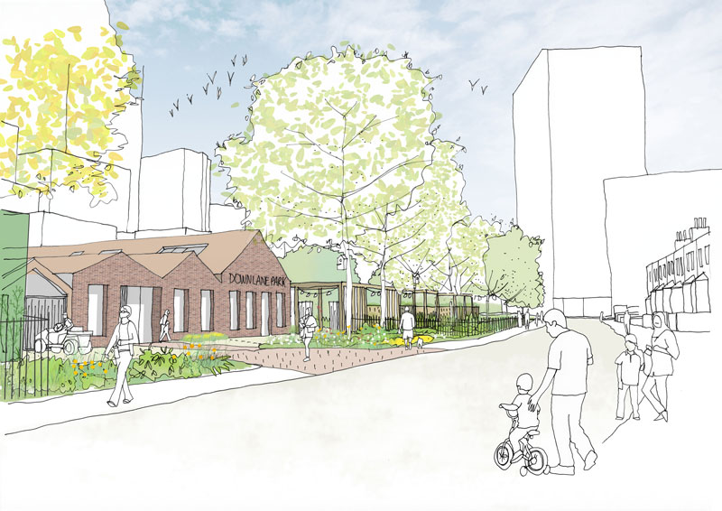 View from Park View Road towards the proposed community hub building in Down Lane Park