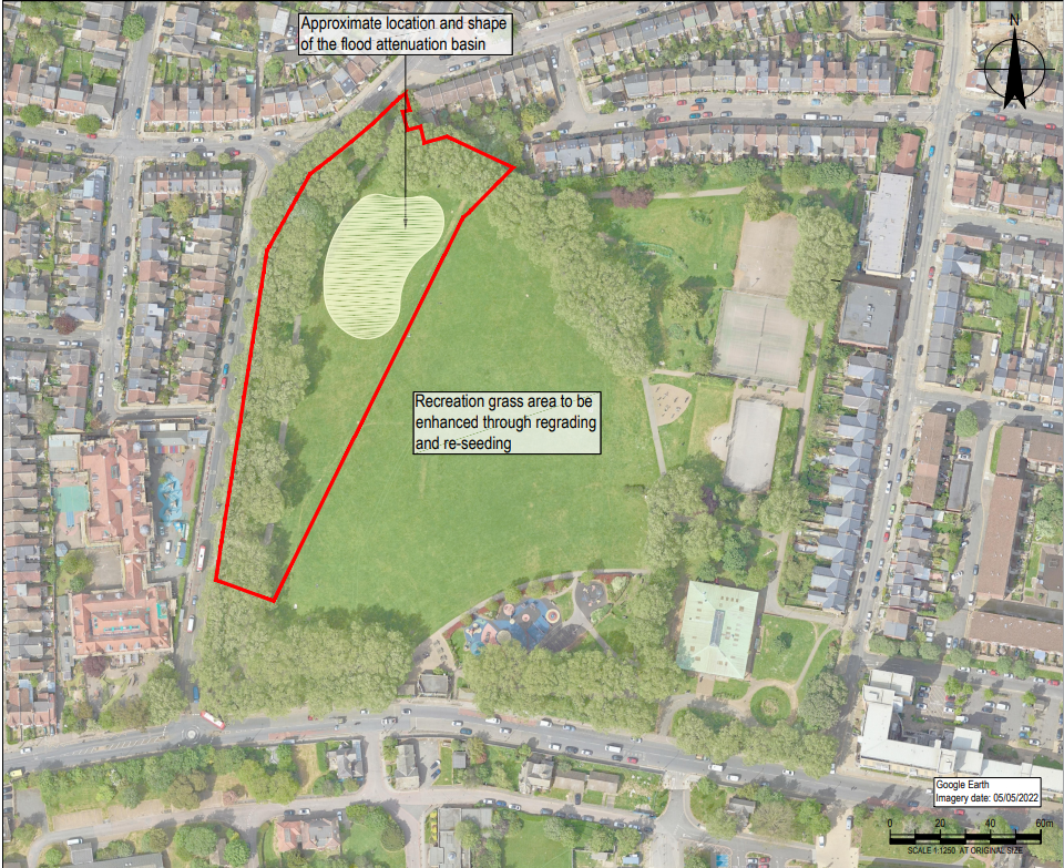 Map of Chestnuts Park highlighting the  project area for the flood alleviation scheme